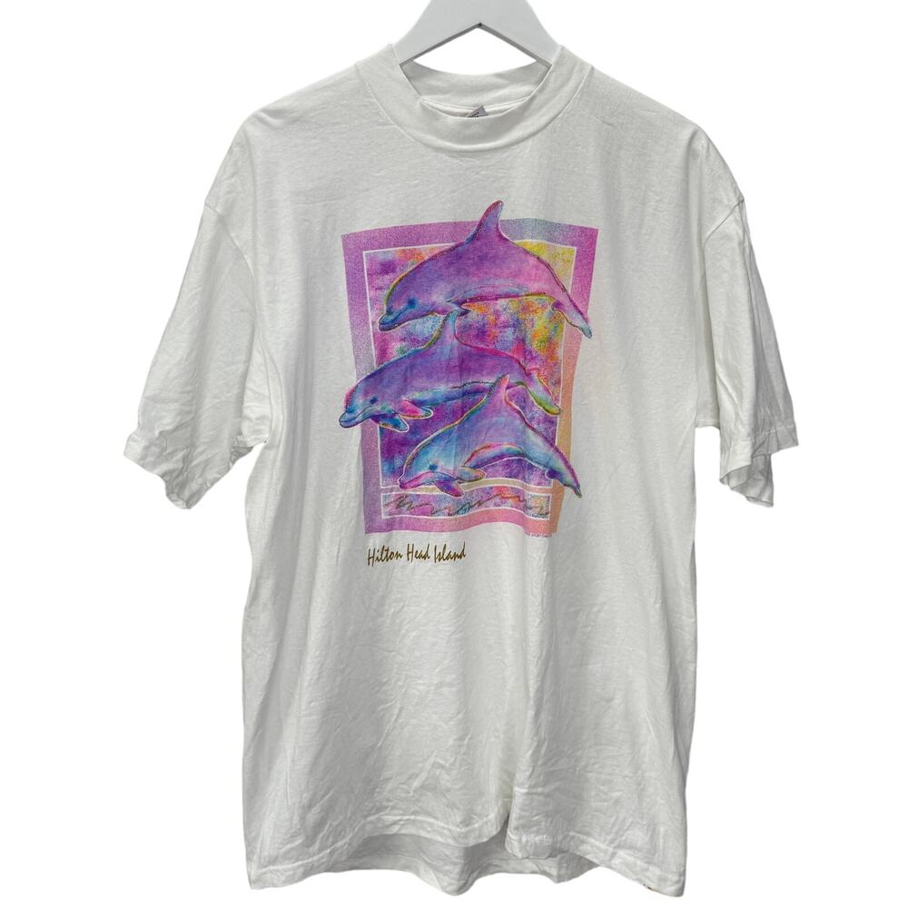 Vintage 80s Islander Sportwear Neon Glitter Dolphins T-Shirt Size XL Cover Up